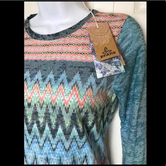 New PRANA Lottie Yoga Shirt Top Long Sleeve In Willow Burnout Tee Chevron Organi - Picture 5 of 14